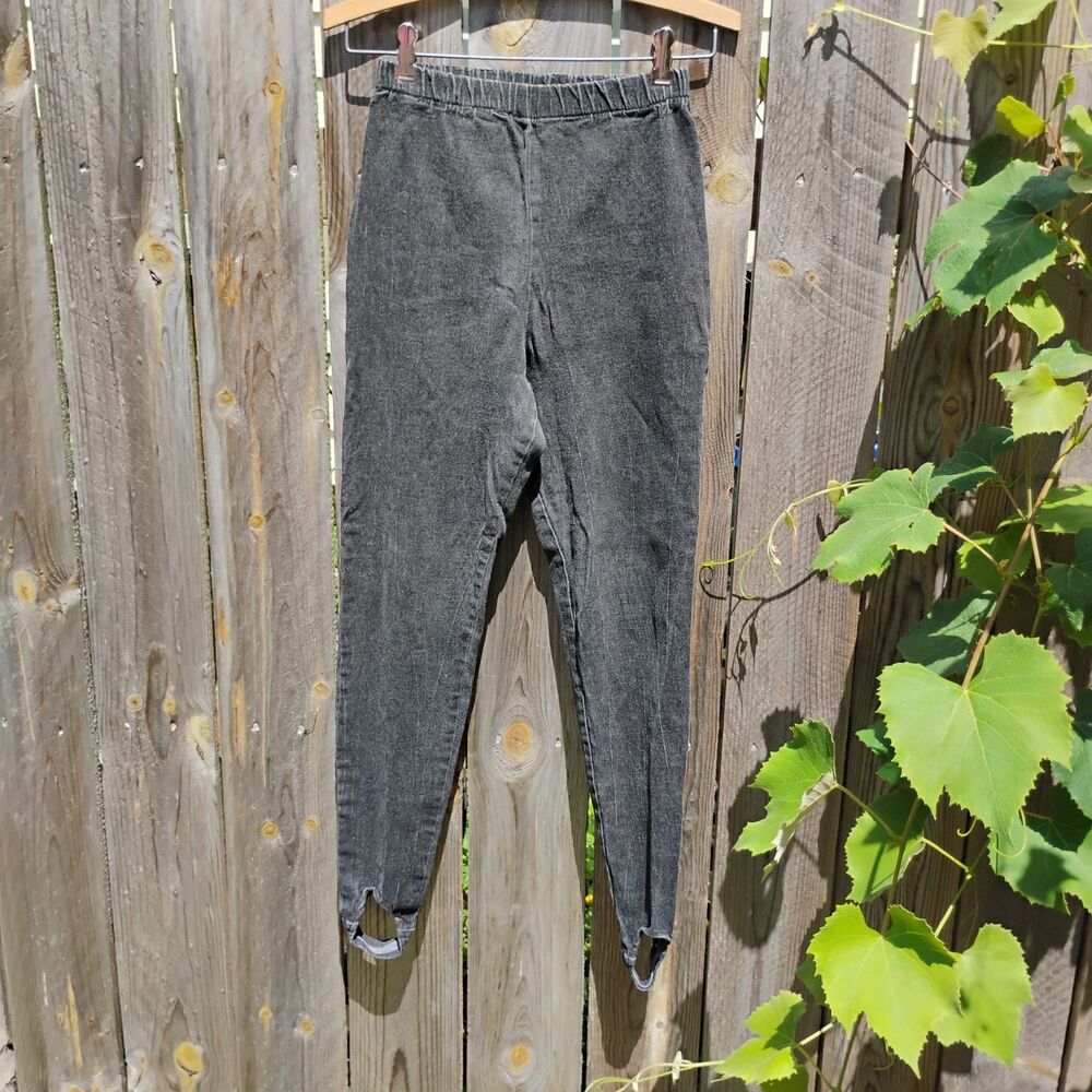 Vintage 80s Venice Blues Black Acid Wash Elastic Waist Denim Stirrup Pants Small